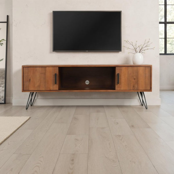 English Elm Solid Pine Media Console with Hairpin Legs Farmhouse Industrial TV Stand for Living Room B2772P519187
