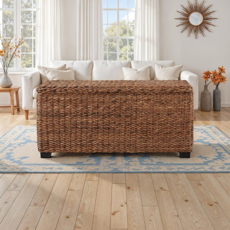 English Elm Woven Banana Leaf Mahogany Storage Trunk Handcrafted Bohemian Coastal Bedroom Bench B2772P519190