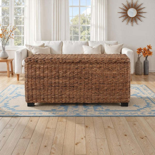 English Elm Woven Banana Leaf Mahogany Storage Trunk Handcrafted Bohemian Coastal Bedroom Bench B2772P519190