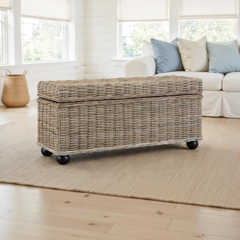 English Elm 42 Inch Handwoven Kubu Rattan Mahogany Lift Top Storage Trunk for Living Bedroom B2772P519196