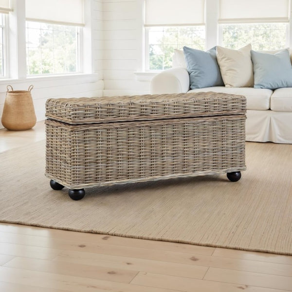 English Elm 42 Inch Handwoven Kubu Rattan Mahogany Lift Top Storage Trunk for Living Bedroom B2772P519196