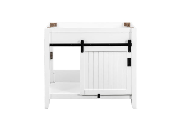 English Elm 36 Inch Farmhouse Bathroom Vanity Base Solid Wood Barn Door Three Drawer Storage B2772P525581