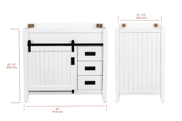 English Elm 36 Inch Farmhouse Bathroom Vanity Base Solid Wood Barn Door Three Drawer Storage B2772P525581