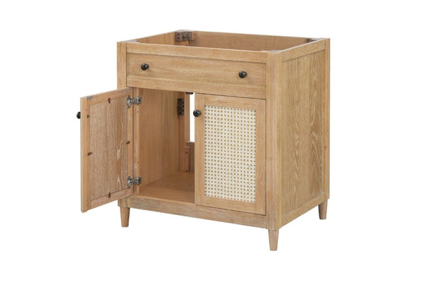 English Elm 30 Inch Cane Panel Bathroom Vanity Base Rubberwood Slow Close Coastal Cottage Style B2772P525585