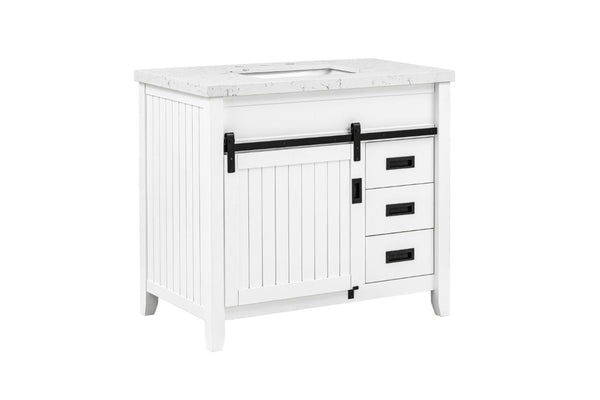 English Elm 37 Inch Farmhouse Bathroom Vanity Solid Wood Barn Door Engineered Stone Top Storage B2772S00001