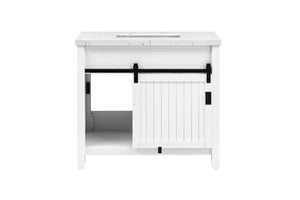English Elm 37 Inch Farmhouse Bathroom Vanity Solid Wood Barn Door Engineered Stone Top Storage B2772S00001