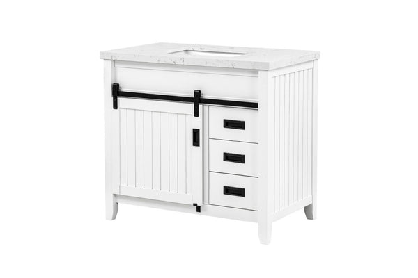 English Elm 37 Inch Farmhouse Bathroom Vanity Solid Wood Barn Door Engineered Stone Top Storage B2772S00001