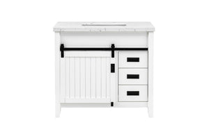 English Elm 37 Inch Farmhouse Bathroom Vanity Solid Wood Barn Door Engineered Stone Top Storage B2772S00001
