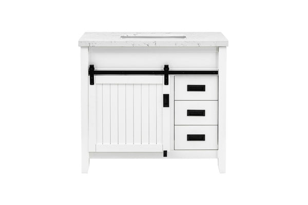 English Elm 37 Inch Farmhouse Bathroom Vanity Solid Wood Barn Door Engineered Stone Top Storage B2772S00001
