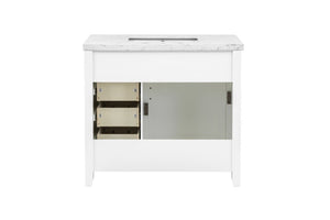 English Elm 37 Inch Farmhouse Bathroom Vanity Solid Wood Barn Door Engineered Stone Top Storage B2772S00001