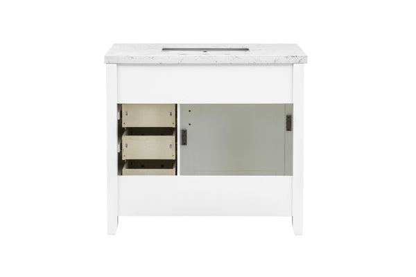 English Elm 37 Inch Farmhouse Bathroom Vanity Solid Wood Barn Door Engineered Stone Top Storage B2772S00001
