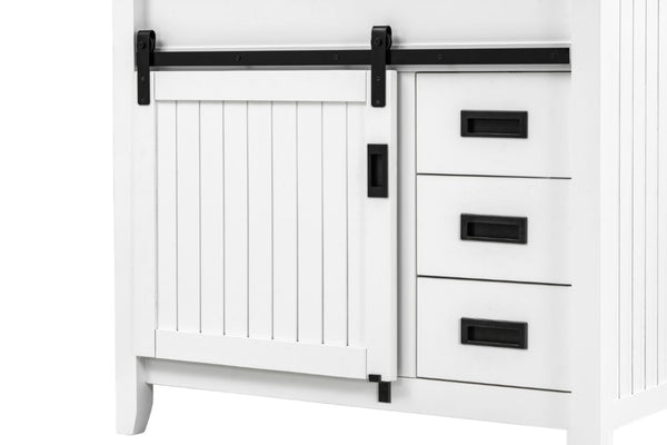 English Elm 37 Inch Farmhouse Bathroom Vanity Solid Wood Barn Door Engineered Stone Top Storage B2772S00001