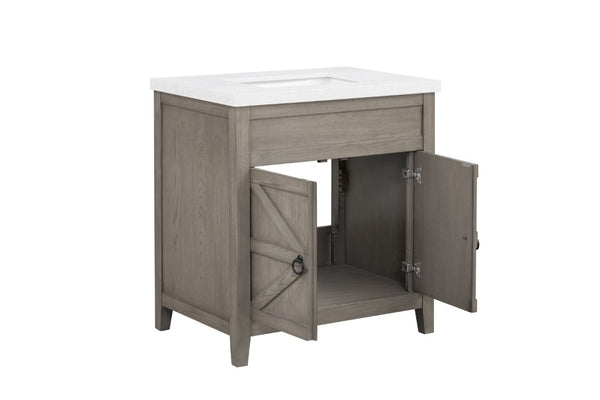 English Elm 31 Inch Bathroom Vanity Solid Wood Base with Engineered Stone Top Soft Close Doors B2772S00004