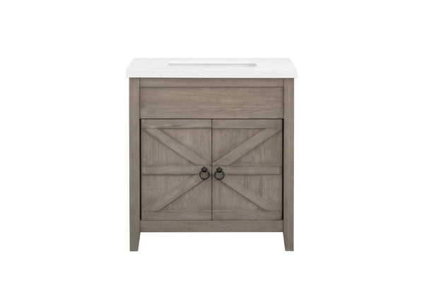 English Elm 31 Inch Bathroom Vanity Solid Wood Base with Engineered Stone Top Soft Close Doors B2772S00004