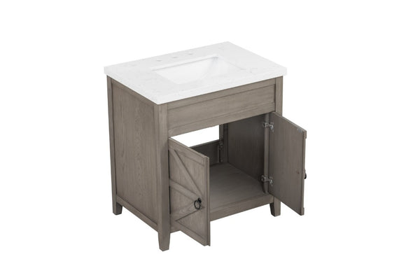 English Elm 31 Inch Bathroom Vanity Solid Wood Base with Engineered Stone Top Soft Close Doors B2772S00004