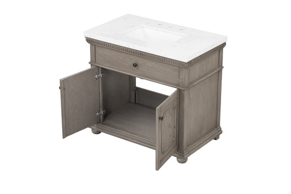 English Elm 37 Inch Bathroom Vanity Solid Wood with Engineered Stone Top and Dentil Moulding B2772S00005
