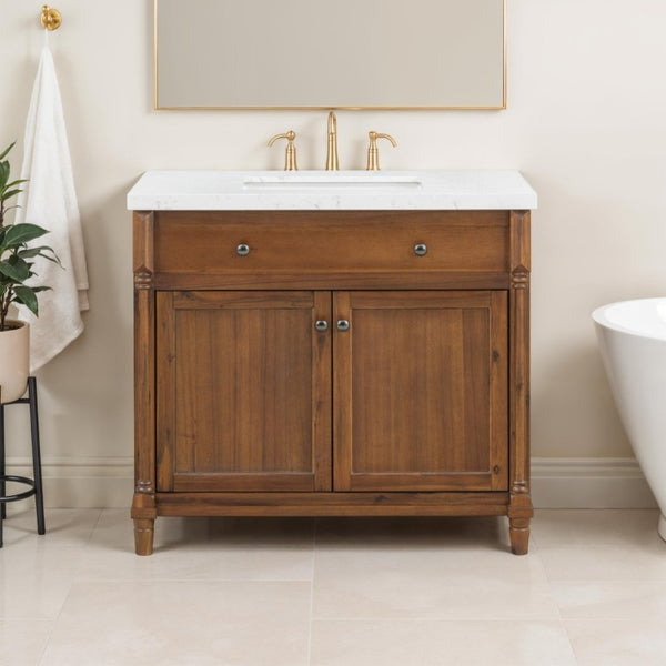 English Elm 37 Inch Bathroom Vanity Solid Wood Base Engineered Stone Top Undermount Sink Included B2772S00006