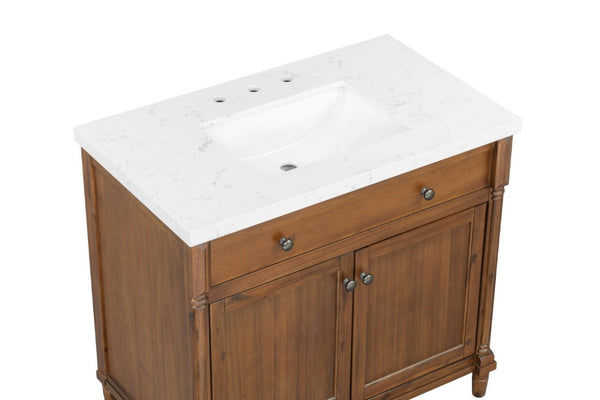 English Elm 37 Inch Bathroom Vanity Solid Wood Base Engineered Stone Top Undermount Sink Included B2772S00006