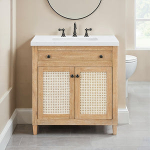 English Elm 31 Inch Cane Panel Bathroom Vanity with Solid Wood Base and Engineered Stone Top B2772S00007