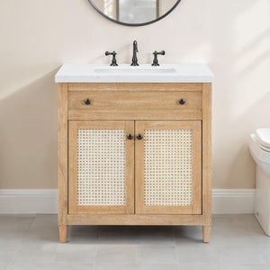 English Elm 31 Inch Cane Panel Bathroom Vanity with Solid Wood Base and Engineered Stone Top B2772S00007
