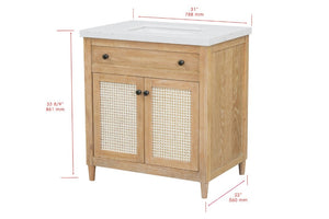 English Elm 31 Inch Cane Panel Bathroom Vanity with Solid Wood Base and Engineered Stone Top B2772S00007