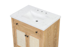 English Elm 31 Inch Cane Panel Bathroom Vanity with Solid Wood Base and Engineered Stone Top B2772S00007