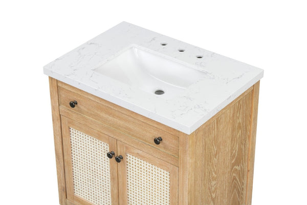 English Elm 31 Inch Cane Panel Bathroom Vanity with Solid Wood Base and Engineered Stone Top B2772S00007