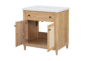 English Elm 31 Inch Cane Panel Bathroom Vanity with Solid Wood Base and Engineered Stone Top B2772S00007