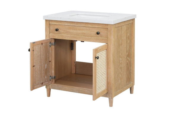 English Elm 31 Inch Cane Panel Bathroom Vanity with Solid Wood Base and Engineered Stone Top B2772S00007