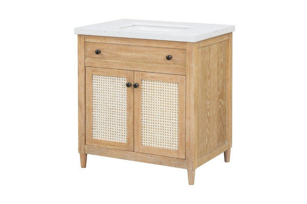 English Elm 31 Inch Cane Panel Bathroom Vanity with Solid Wood Base and Engineered Stone Top B2772S00007