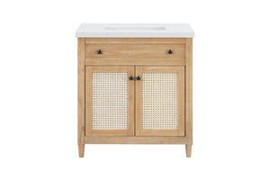 English Elm 31 Inch Cane Panel Bathroom Vanity with Solid Wood Base and Engineered Stone Top B2772S00007