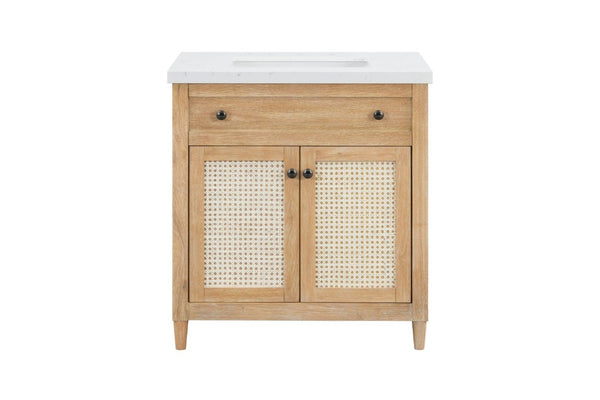 English Elm 31 Inch Cane Panel Bathroom Vanity with Solid Wood Base and Engineered Stone Top B2772S00007