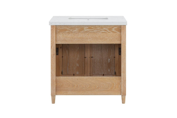 English Elm 31 Inch Cane Panel Bathroom Vanity with Solid Wood Base and Engineered Stone Top B2772S00007