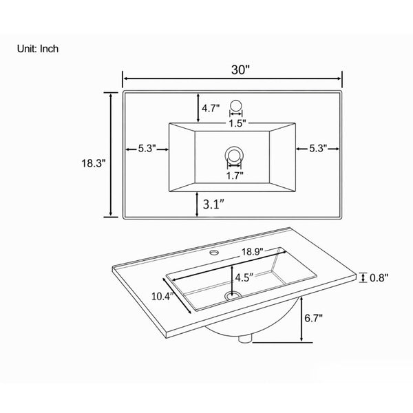 English Elm 30 Inch Vitreous Ceramic Bathroom Sink Ultra Thin Rim Single Faucet Hole White Basin B2775P510708