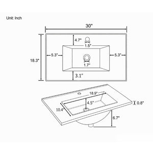 English Elm 30 Inch Vitreous Ceramic Bathroom Sink Ultra Thin Rim Rectangle Vanity Basin White B2775P510709