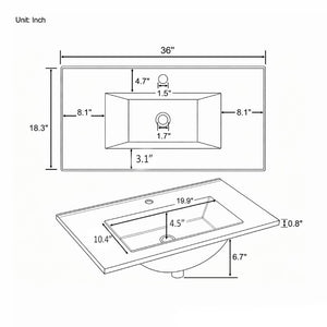 English Elm 36 Inch Vitreous Ceramic Bathroom Sink Ultra Thin Rim Modern Vanity Basin White B2775P510710