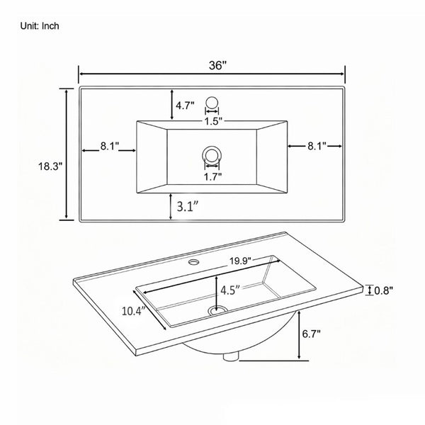 English Elm 36 Inch Vitreous Ceramic Bathroom Sink Ultra Thin Rim Modern Vanity Basin White B2775P510710