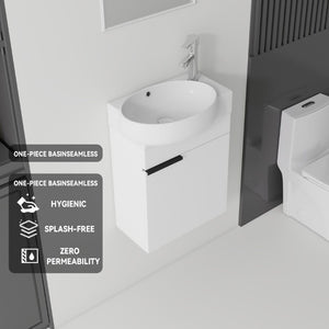 English Elm 16 Inch Wall Mounted Floating Vanity with Integrated Ceramic Sink and Soft Close Cabinet White B2775P510737