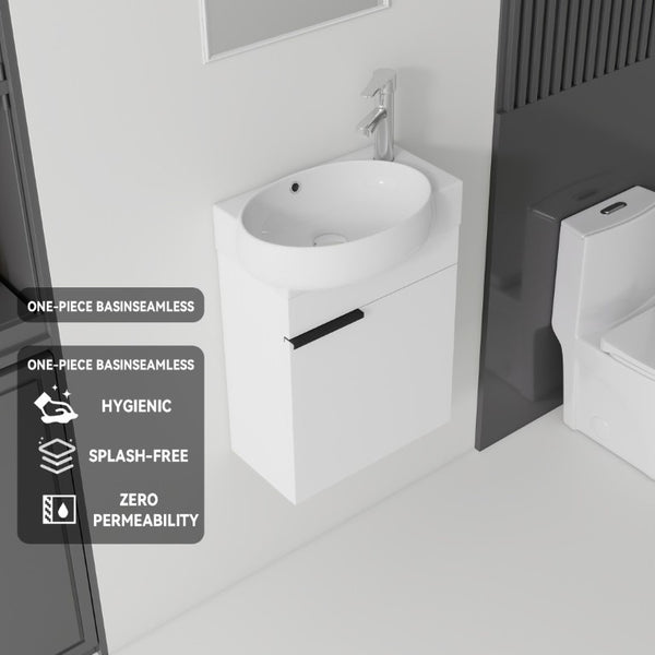 English Elm 16 Inch Wall Mounted Floating Vanity with Integrated Ceramic Sink and Soft Close Cabinet White B2775P510737