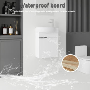English Elm 16 Inch Wall Mounted Floating Vanity with Integrated Ceramic Sink and Soft Close Cabinet White B2775P510737