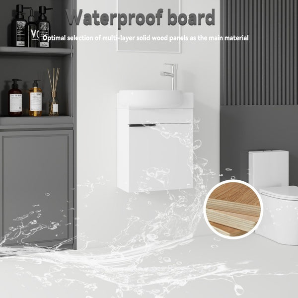 English Elm 16 Inch Wall Mounted Floating Vanity with Integrated Ceramic Sink and Soft Close Cabinet White B2775P510737