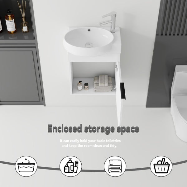 English Elm 16 Inch Wall Mounted Floating Vanity with Integrated Ceramic Sink and Soft Close Cabinet White B2775P510737