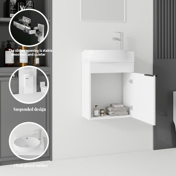 English Elm 16 Inch Wall Mounted Floating Vanity with Integrated Ceramic Sink and Soft Close Cabinet White B2775P510737