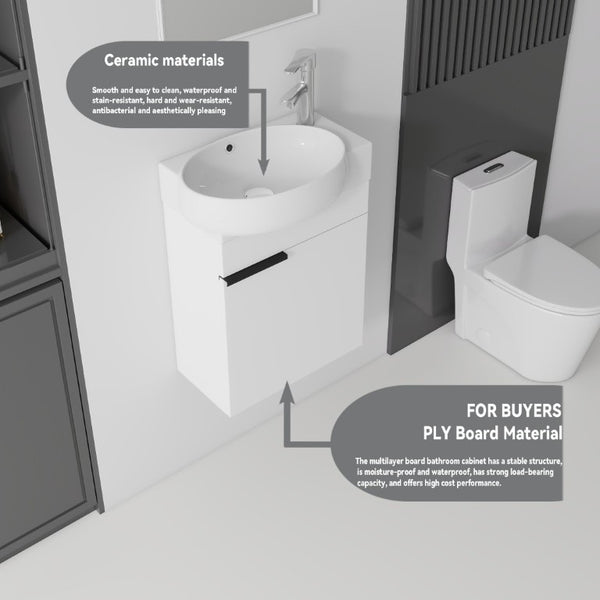 English Elm 16 Inch Wall Mounted Floating Vanity with Integrated Ceramic Sink and Soft Close Cabinet White B2775P510737