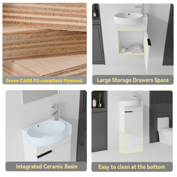English Elm 16 Inch Wall Mounted Floating Vanity with Integrated Ceramic Sink and Soft Close Cabinet White B2775P510737