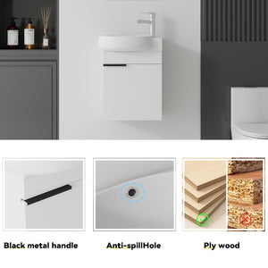 English Elm 16 Inch Wall Mounted Floating Vanity with Integrated Ceramic Sink and Soft Close Cabinet White B2775P510737