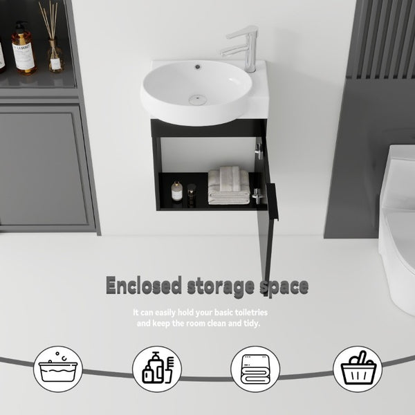 English Elm 16 Inch Wall Mounted Floating Vanity with Integrated Ceramic Sink and Soft Close Cabinet Black B2775P510738
