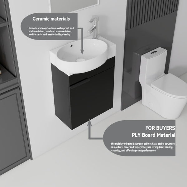 English Elm 16 Inch Wall Mounted Floating Vanity with Integrated Ceramic Sink and Soft Close Cabinet Black B2775P510738