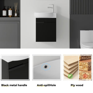 English Elm 16 Inch Wall Mounted Floating Vanity with Integrated Ceramic Sink and Soft Close Cabinet Black B2775P510738