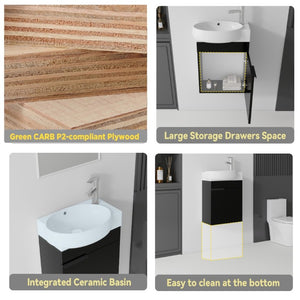 English Elm 16 Inch Wall Mounted Floating Vanity with Integrated Ceramic Sink and Soft Close Cabinet Black B2775P510738